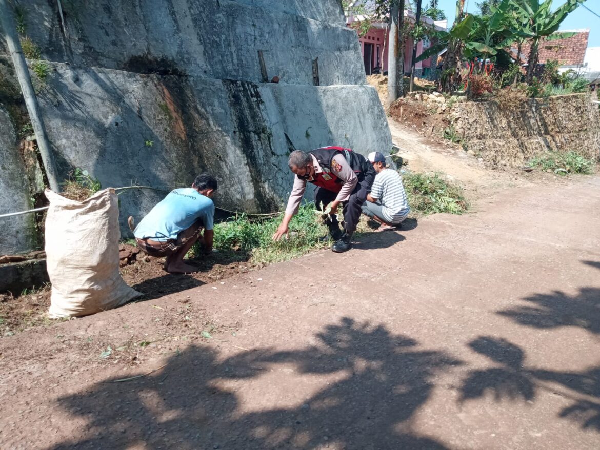 Kanit Samapta Polsek Gunungguruh Kerja Bakti Bersama Warga Pangkas Rumput Di Pinggir Jalan