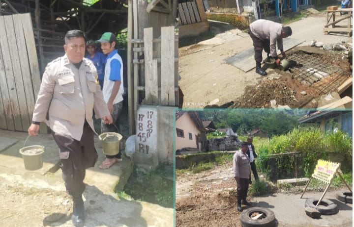 Prihatin Kondisi Jalan Rusak, Bhabinkamtibmas dan Warga Gotong royong Perbaiki Jalan