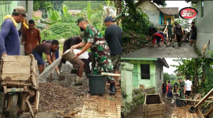 Babinsa Kutasirna Koramil 0607-09/Cisaat Bantu Warga Ngecor Jalan Desa