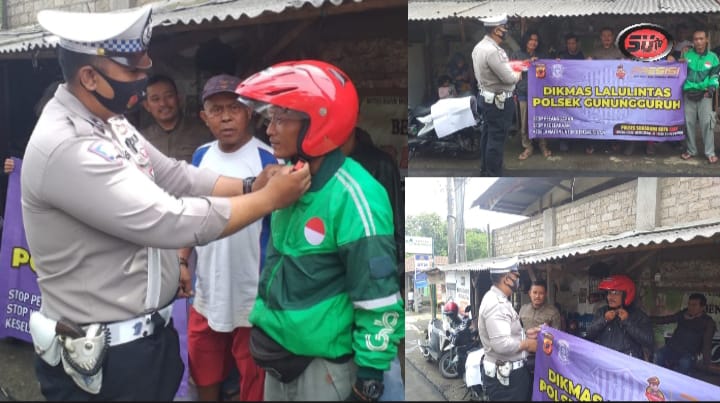 Kanit Lantas Polsek Gunungguruh Berikan Helm dan Himbauan Kepada Tukang Ojek Cibentang