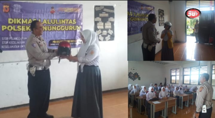 Unit Lantas Polsek Gunungguruh Dikmas Lantas Dan Berikan Helm Kepada Pelajar SMA Negeri 1 Cisaat