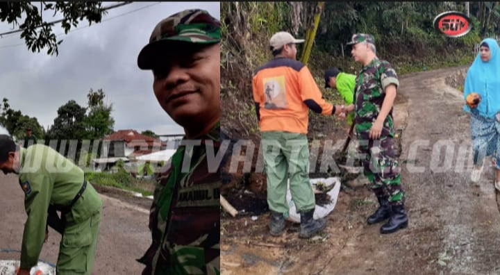 Babinsa Citamiang Bersama Warga Gotong royong Bersihkan Lingkungan