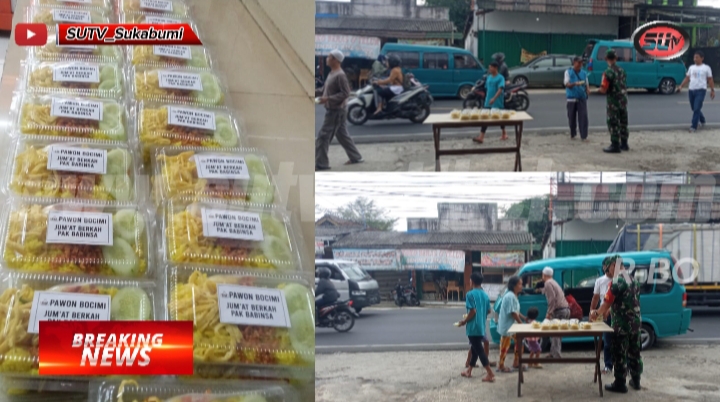 Jum’at Berkah, Babinsa Gunungjaya Koramil 0607-09/Cisaat Dibantu warga Bagikan Nasi Kotak Gratis