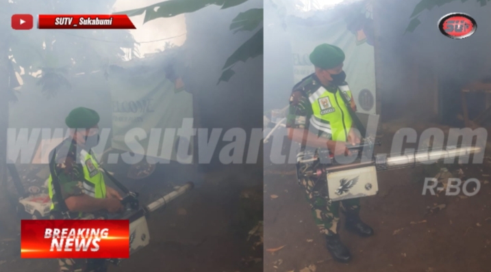 Cegah DBD, Babinsa Mangkalaya Koramil 0607-09/Cisaat Lakukan Pendampingan Fogging