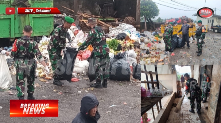 Kompak Anggota Koramil 0607-09/Cisaat Karbak Bersihkan Sampah di Pasar Tradisional