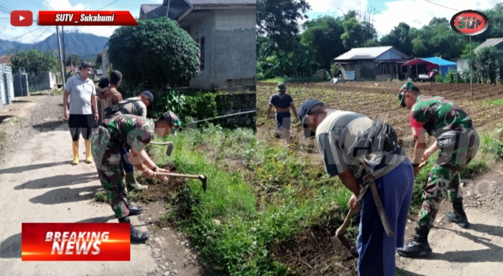 Babinsa Citamiang Bersama Kepala Desa dan Warga Gotong Royong Bersihkan Jalan Desa