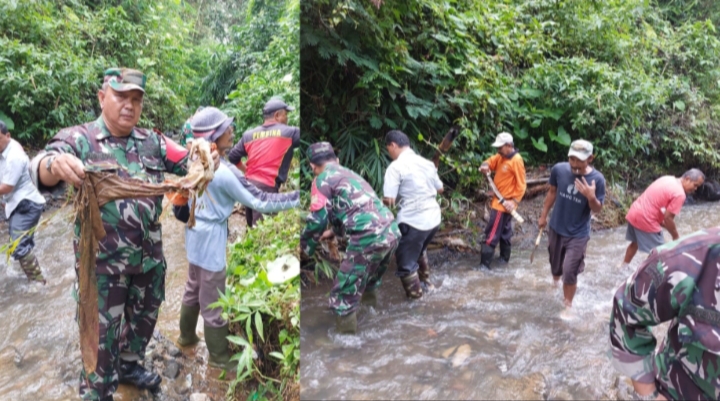 Bersama Warga, Anggota Koramil 0607-04/Kota Sukabumi Utara Karya Bakti Bersihkan Bantaran Sungai Cisarua