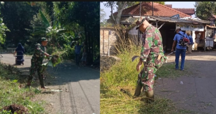 Bersihkan Lingkungan dan Bahu Jalan, Babinsa Koramil 0607-09/Cisaat Bersama Masyarakat Pupuk Semangat Gotong Royong